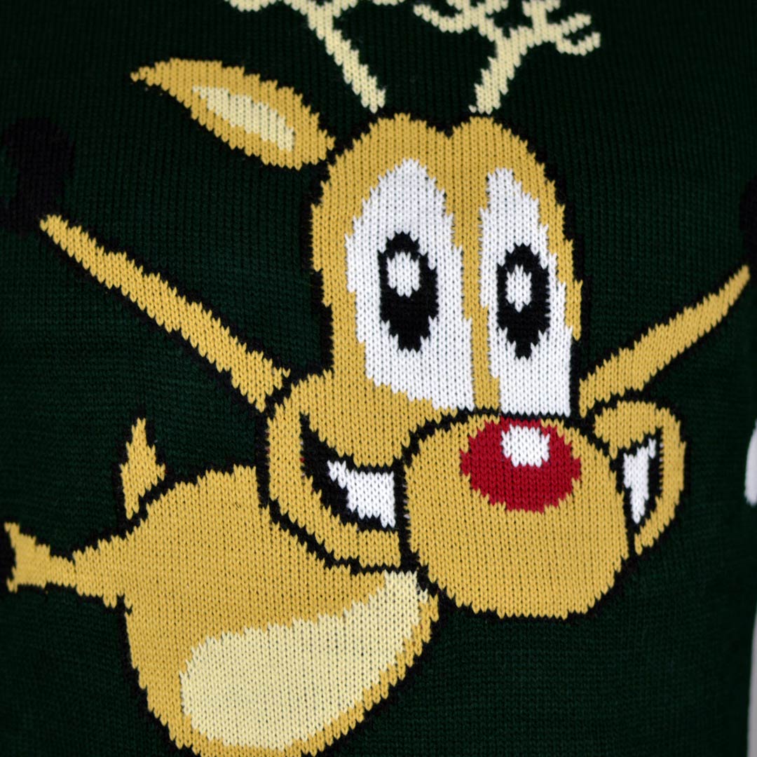 sueter de Navidad para Hombre Verde con Reno Patinando Detalle