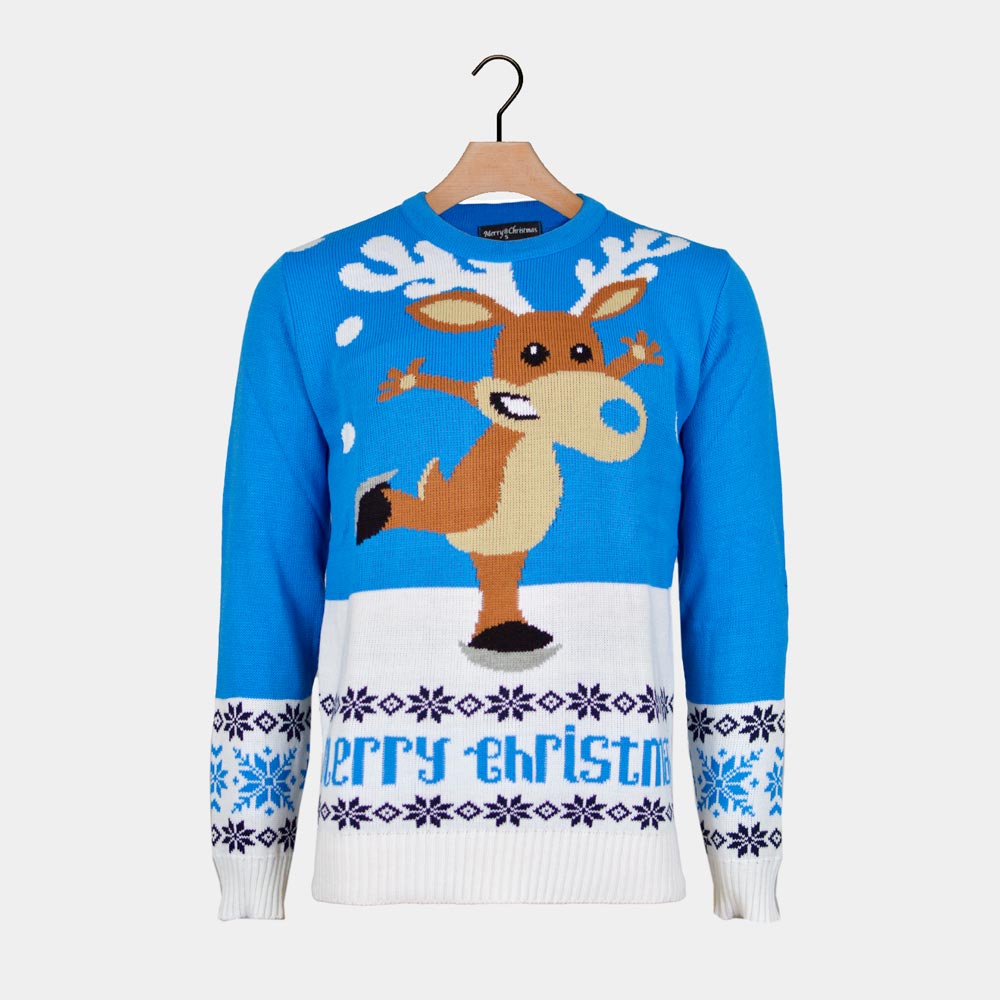 sueter de Navidad para Mujer Azul con Reno Patinando