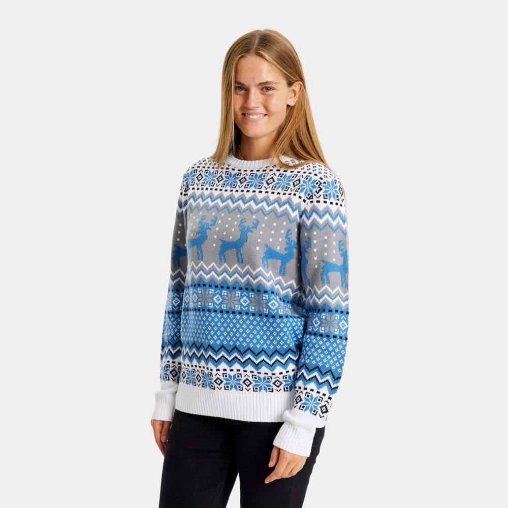 Suéter de Navidad Mujer Blanco, Gris y Azul con Renos Elegante