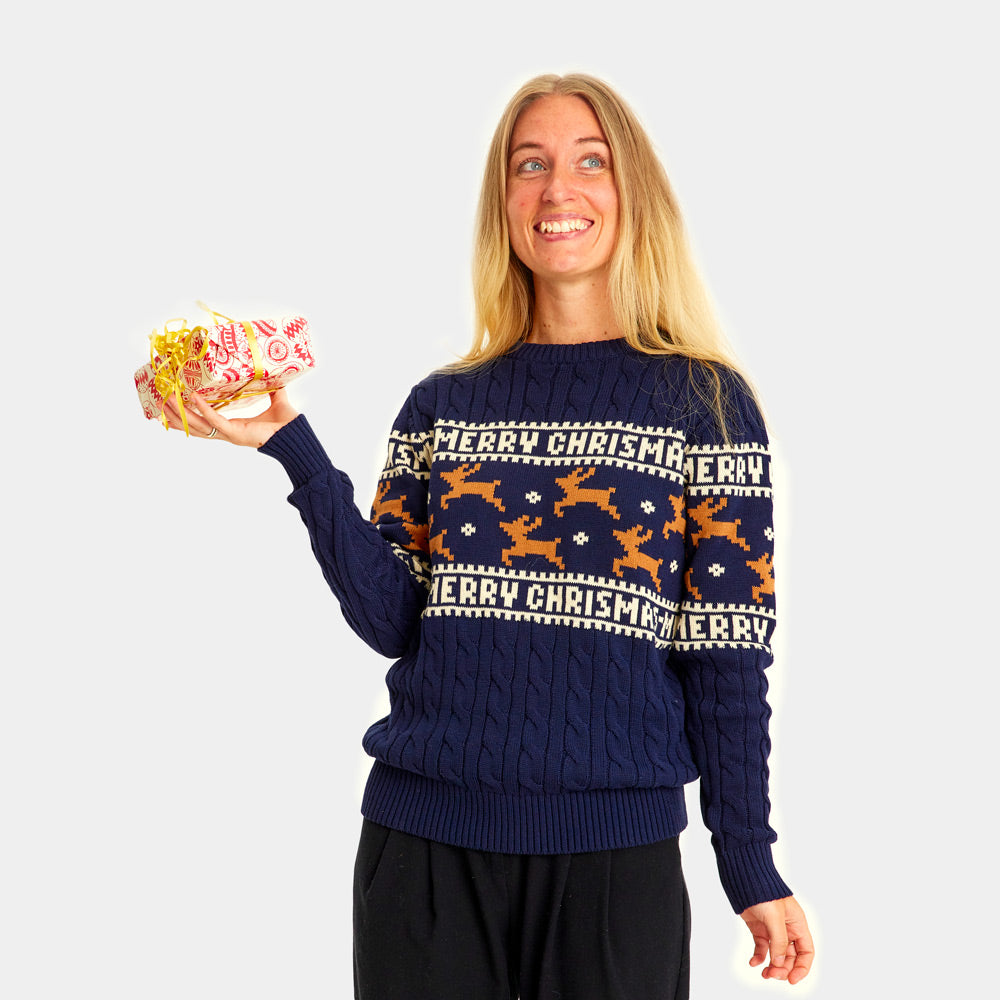 Suéter de Navidad Mujer Elegante Azul con Renos
