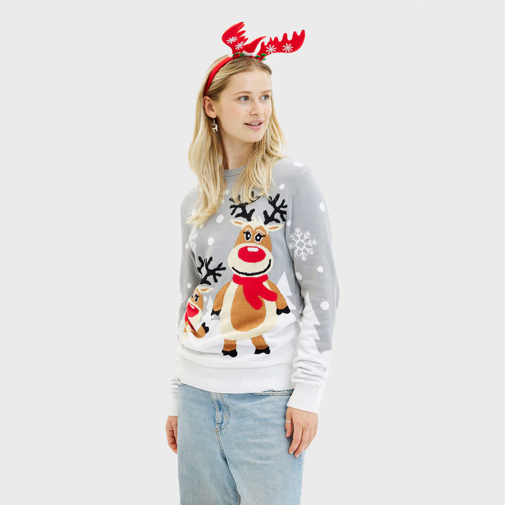 Suéter de Navidad para Mujer Gris con Renas Cute
