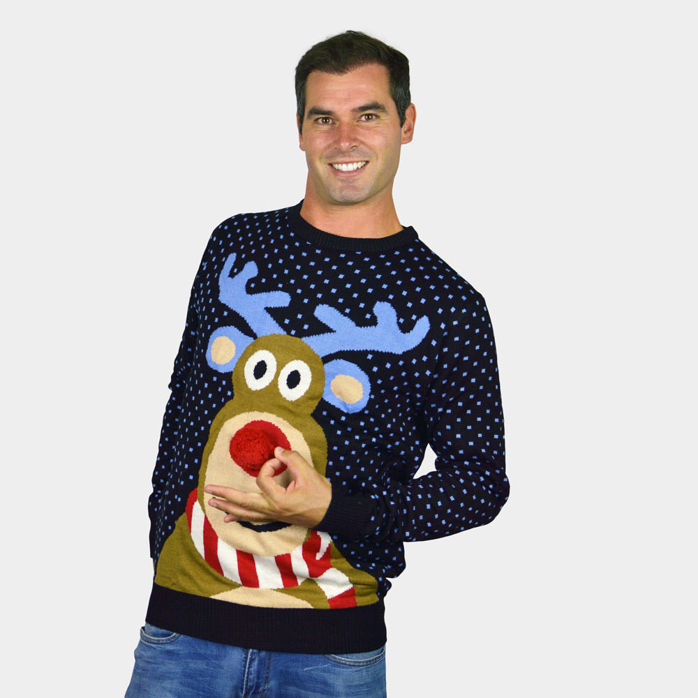 Suéter de Navidad Hombre Mujer Azul Reno Rodolfo con Nariz Roja en 3D
