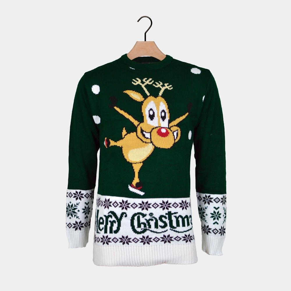 sueter de Navidad para Mujer Verde con Reno Patinando
