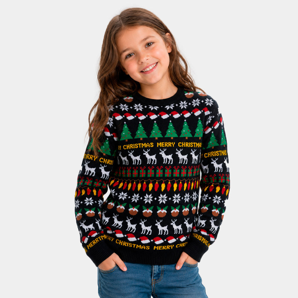 Suéter de Navidad para Niña Negro con Árboles, Renos y Regalos
