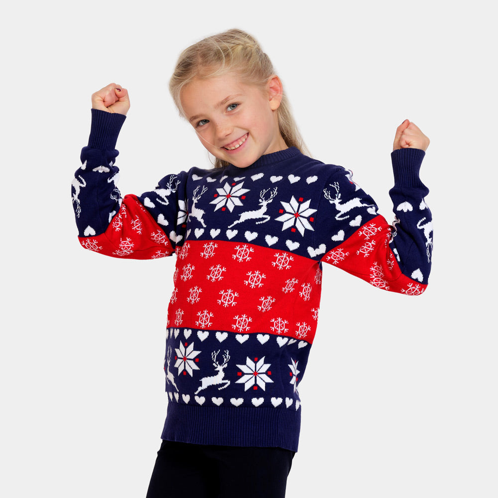 Suéter de Navidad para Niña Renos y Corazones Azul y Rojo