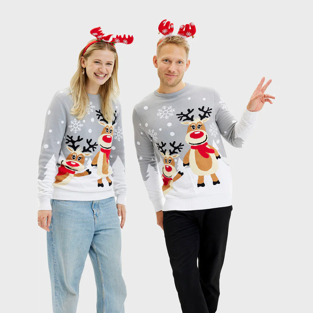Suéter de Navidad Pareja Niña y Niño Gris con Renas Cute
