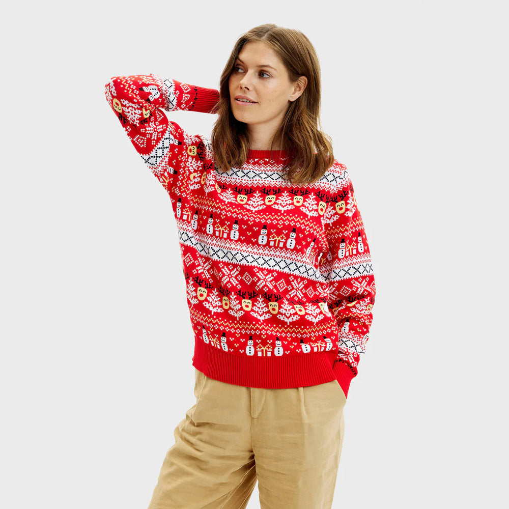 Suéter de Navidad Parejas Mujer Rojo Muñecos Nieve Cenefas Algodón Orgánico
