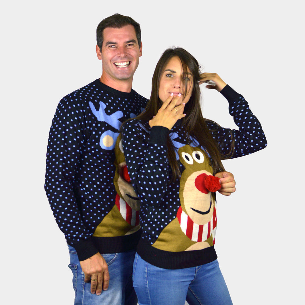 Suéter de Navidad Pareja  Niña y Niño Azul Reno Rodolfo con Nariz Roja en 3D
