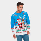 sueter de Navidad Parejas Azul Claro con Reno Rudolph y Papá Noel Hombre