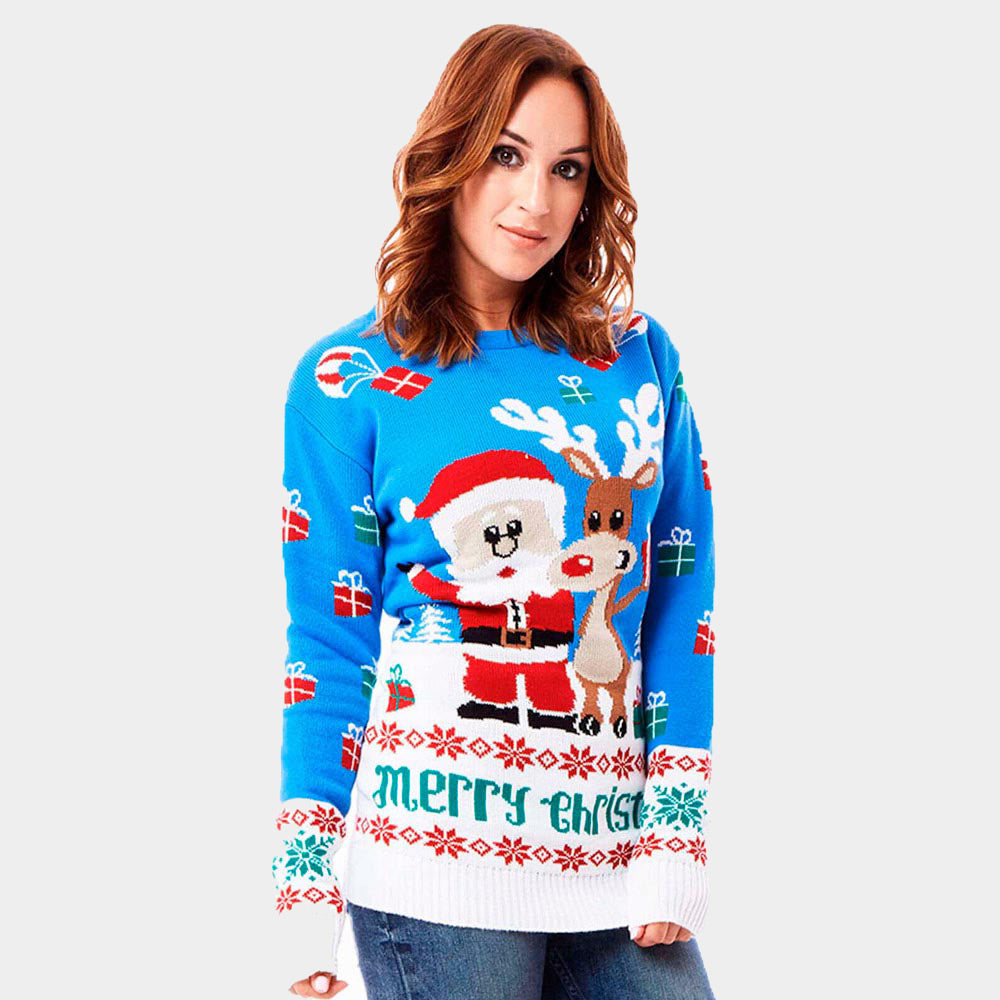 sueter de Navidad Parejas Azul Claro con Reno Rudolph y Papá Noel mUJER