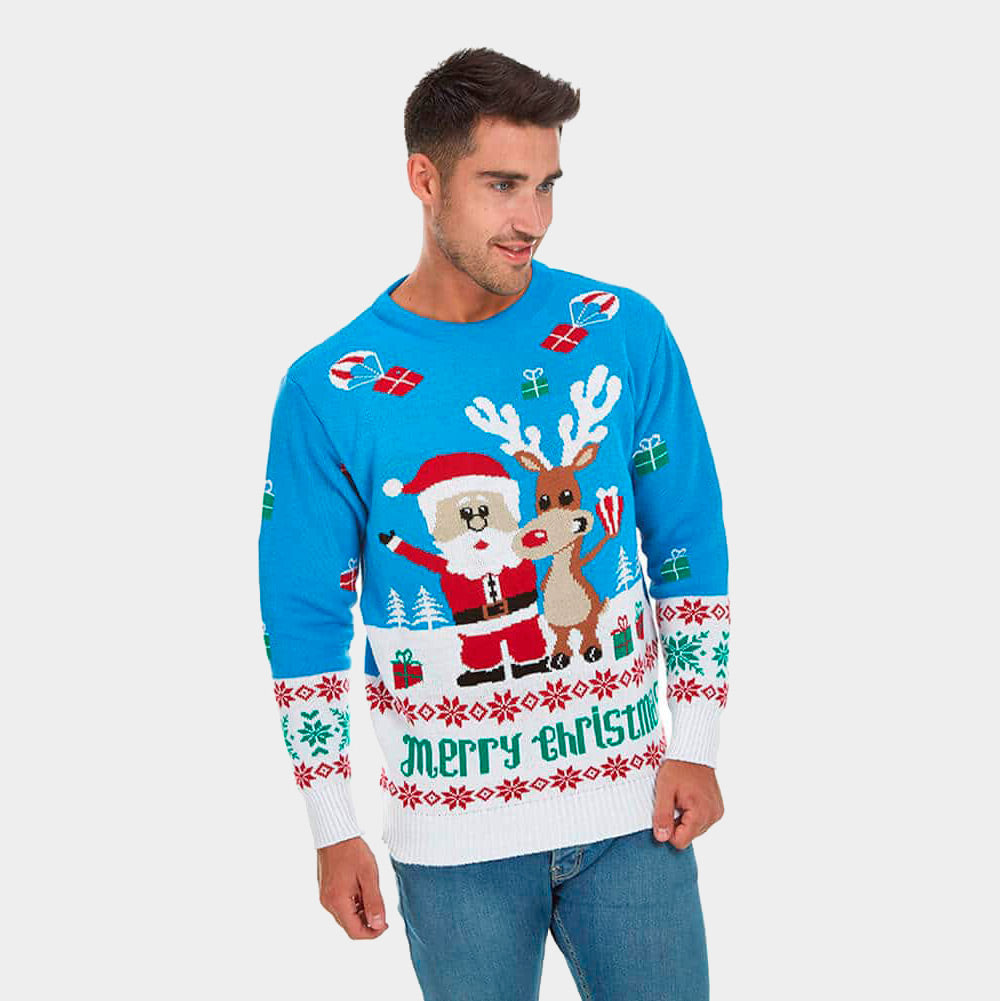 sueter de Navidad Parejas Azul Claro Reno Rudolph y Papá Noel Hombre