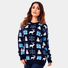 sueter de Navidad Parejas Azul con Renos, Regalos y Pinos Mujer
