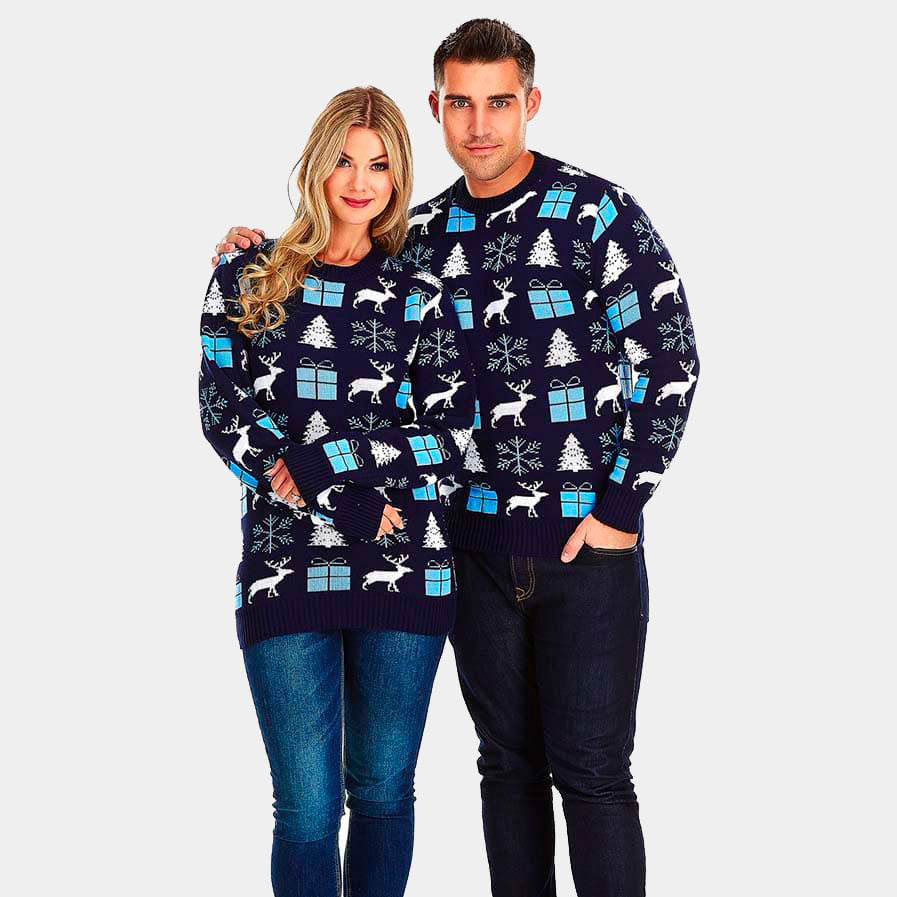 sueter de Navidad Parejas Azul con Renos, Regalos y Pinos