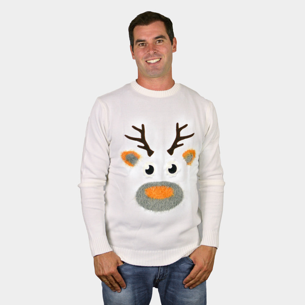 Suéter de Navidad Parejas Blanco con Reno 3D Peludo hombre