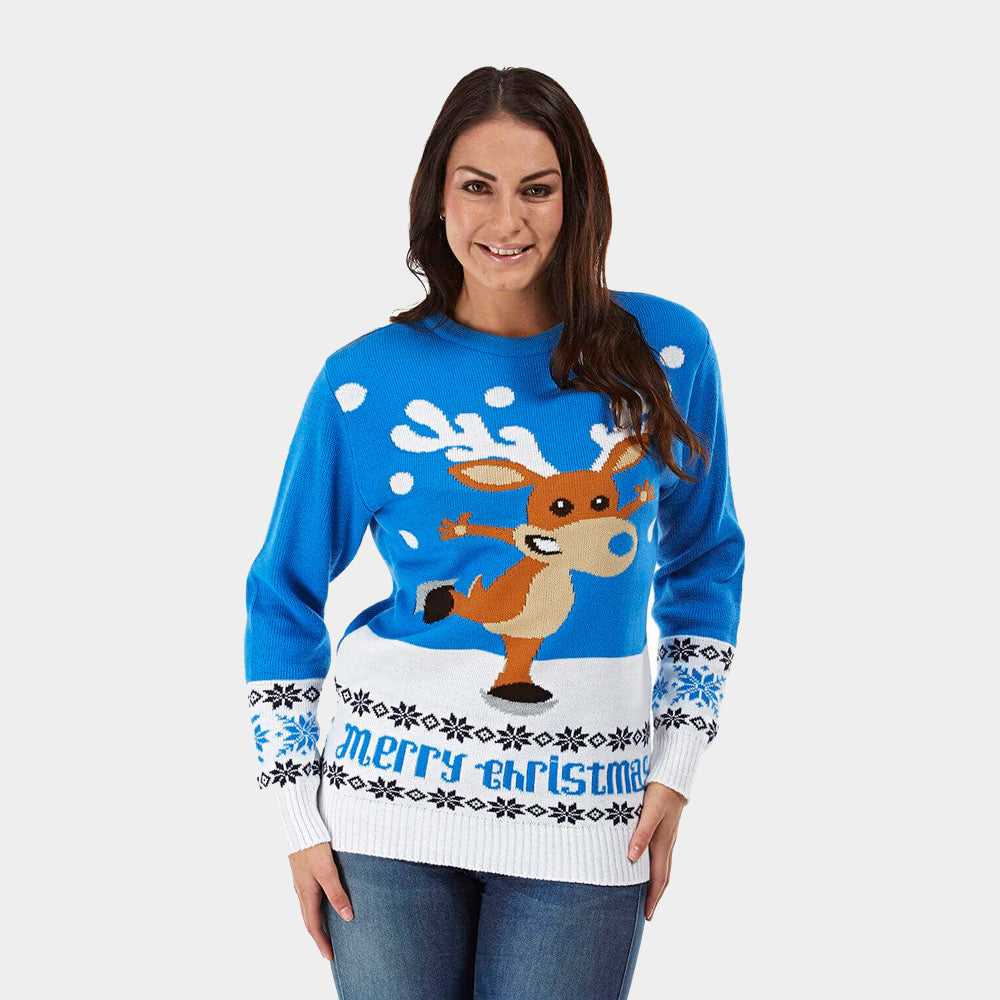 sueter de Navidad Parejas con Reno Patinando Azul Claro Mujer