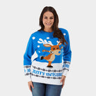sueter de Navidad Parejas con Reno Patinando Azul Claro Mujer