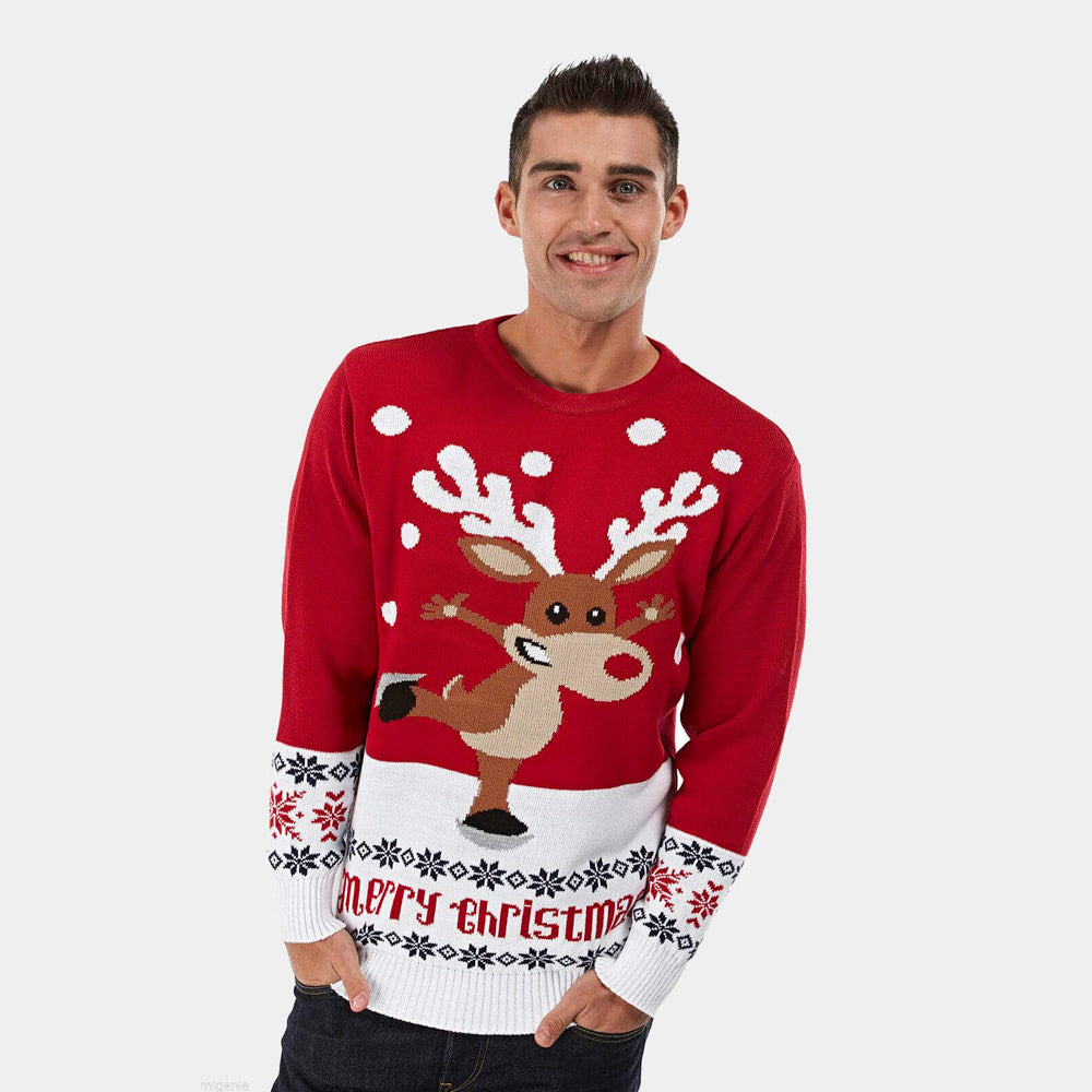 sueter de Navidad Parejas con Reno Patinando Rojo Hombre