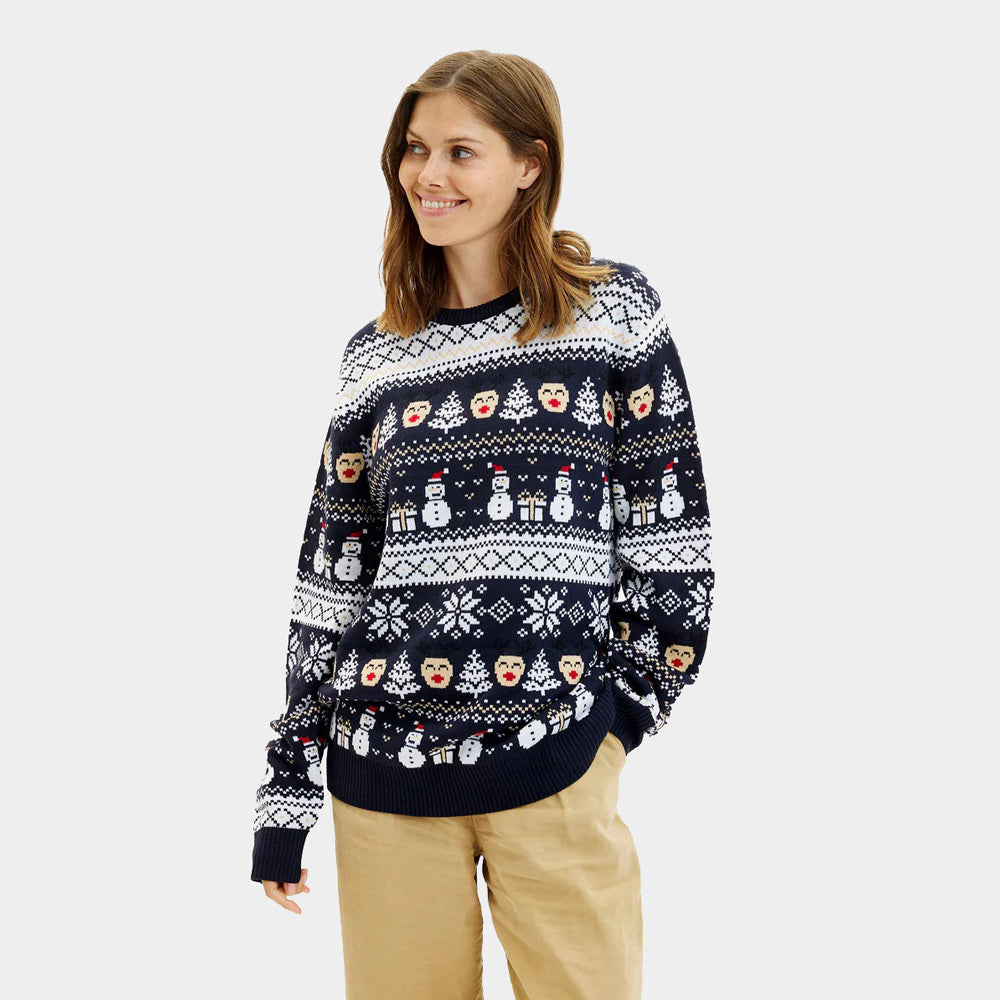 Suéter de Navidad Parejas mujer Azul Muñecos de Nieve y Cenefas

