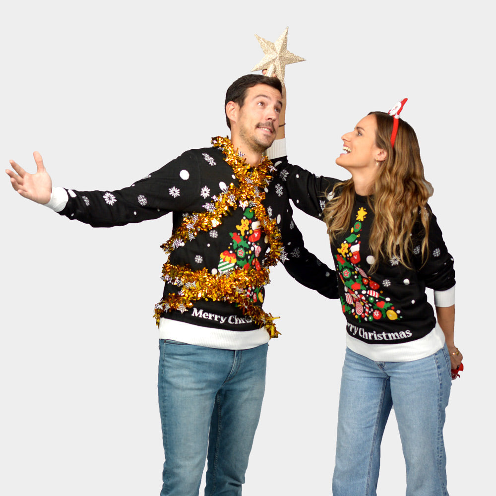Suéter de Navidad Parejas Negro con Árbol de Navidad
