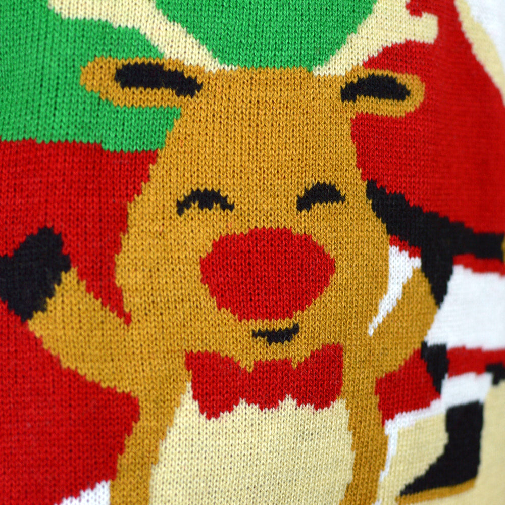 Suéter de Navidad Parejas Rojo con Santa Claus y Reno Saludando Detalle Nieve