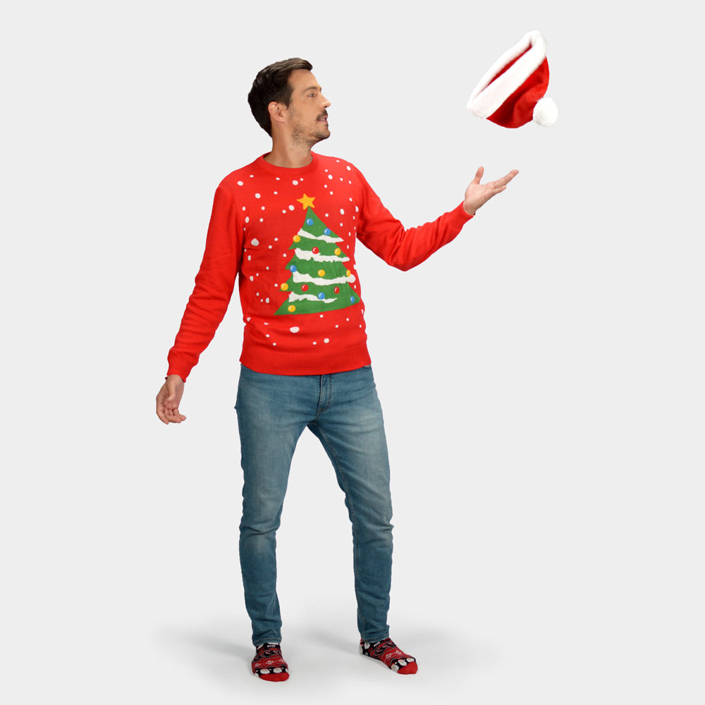 Suéter de Navidad para Hombre Rojo Árbol de Navidad Parejas con Gorro 