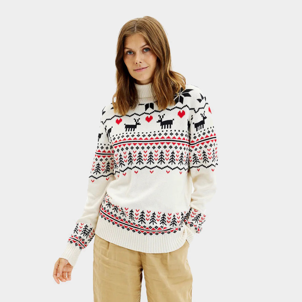 Suéter de Navidad de cuello alto para Mujer Elegante Beige Algodón Orgánico
