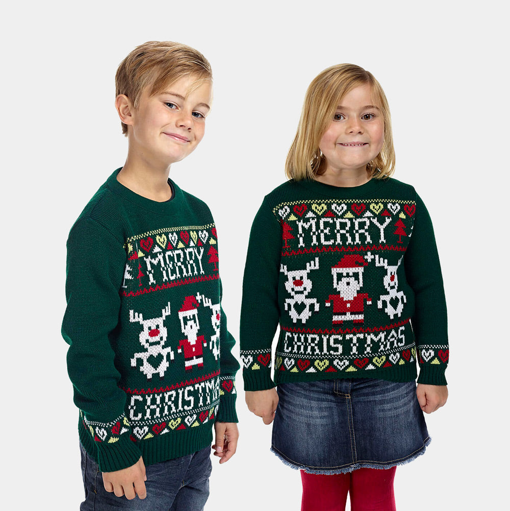 Suéter de Navidad para Familia con Renos y Papá Noel Merry Christmas Niño y Niña