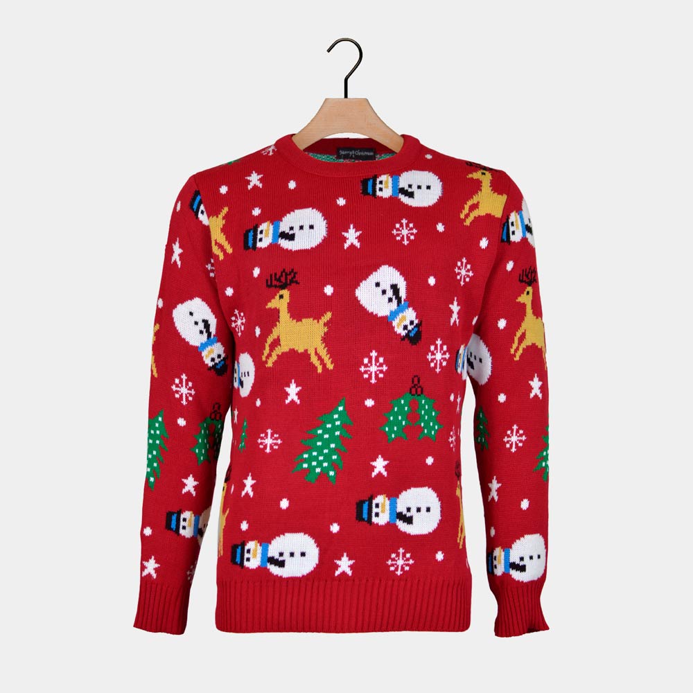 sueter Navideño para Hombre Rojo con Muñecos, Renos y Árboles