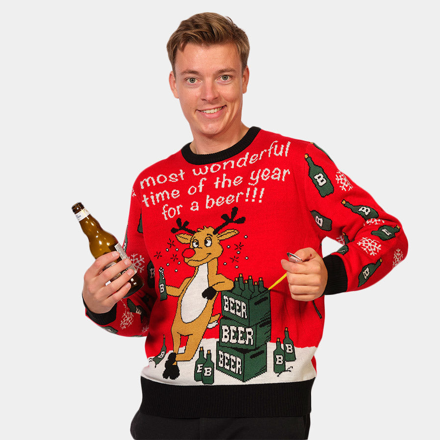 Suéter Navideño para Hombre Reno con Abridor de Cerveza 3D