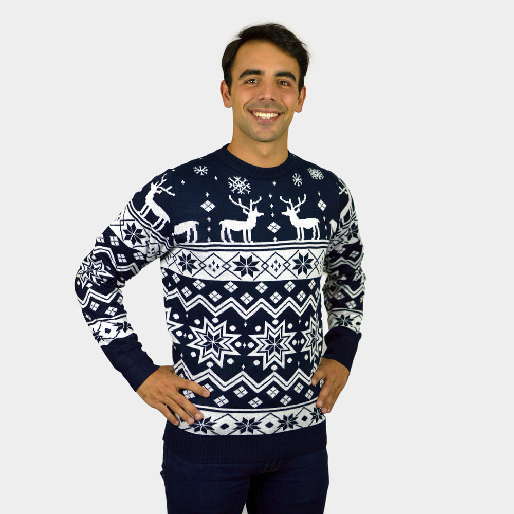 Suéter de Navidad Mujer Hombre con Renos y Estrellas Azul Nordic
